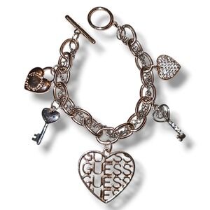 Guess Charm Bracelet Rose Gold Tone Y2K Heart Key Logo Toggle Chain Dangle